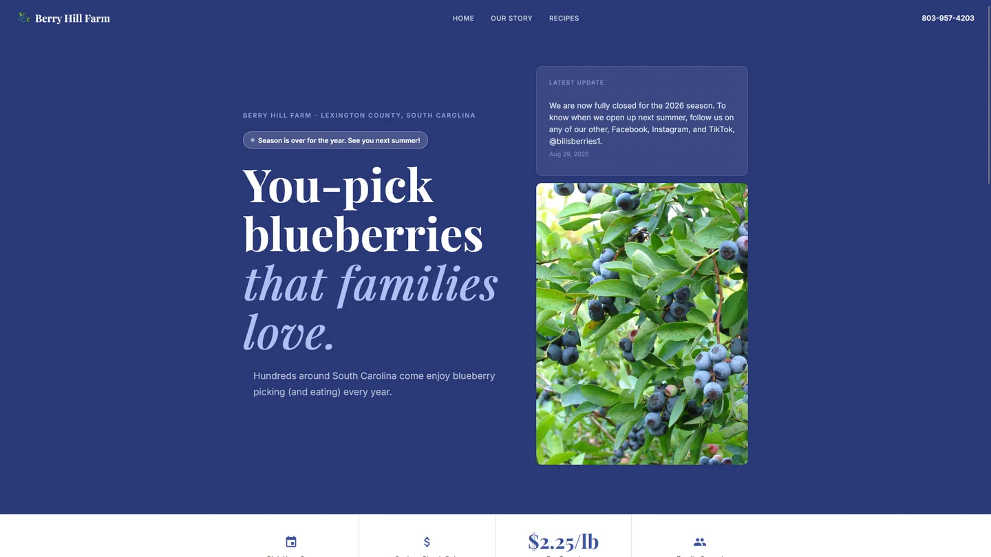Berry Hill Farm homepage showing a seasonal update and blueberry imagery