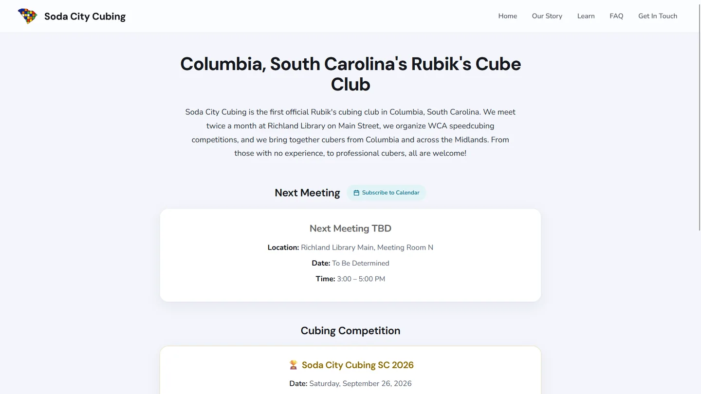 Soda City Cubing homepage showing meeting and competition information